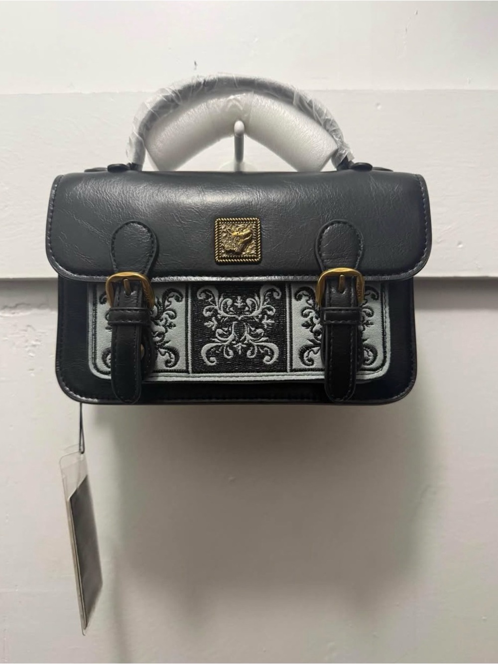 Black and White Embroidered Satchel Handbag